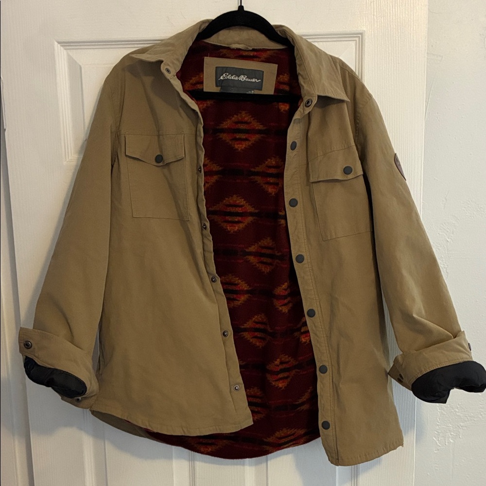 Eddie Bauer Men's Tan Jacket with Red Patterned Lining